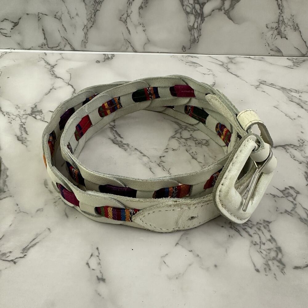 Womens Vintage 80s Leather Woven Belt Size M/L White Colorful Rainbow Boho
